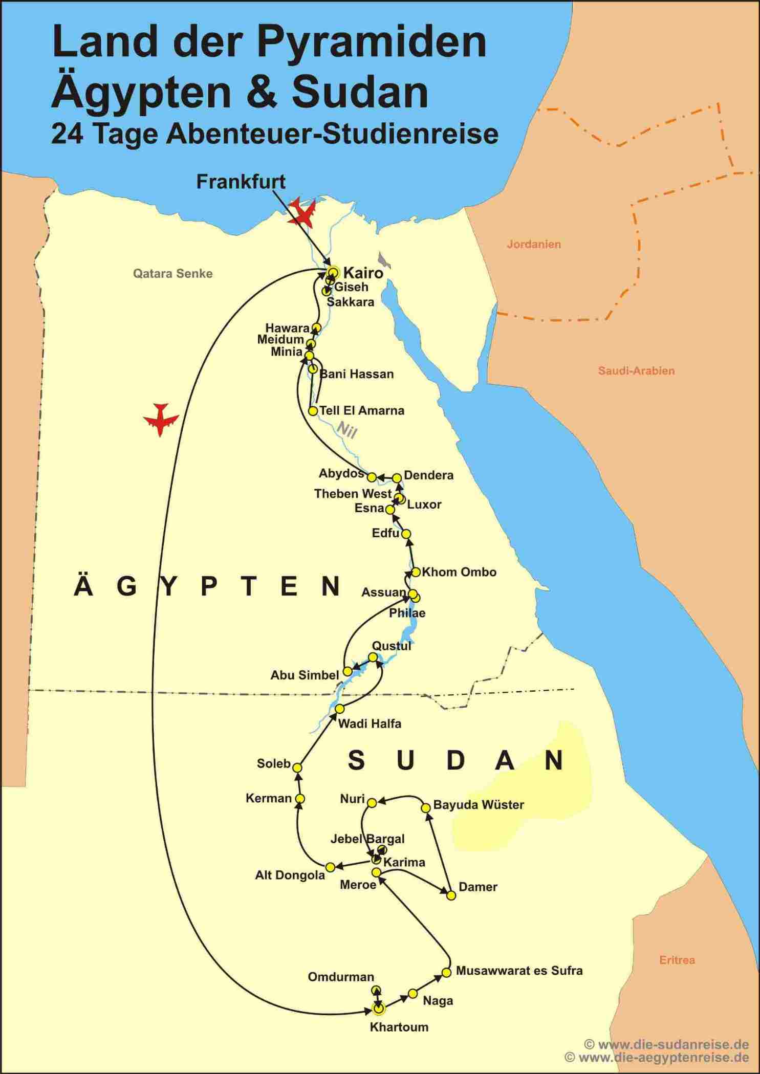 Reiseroute der Sudan & Aegypten Studienreise